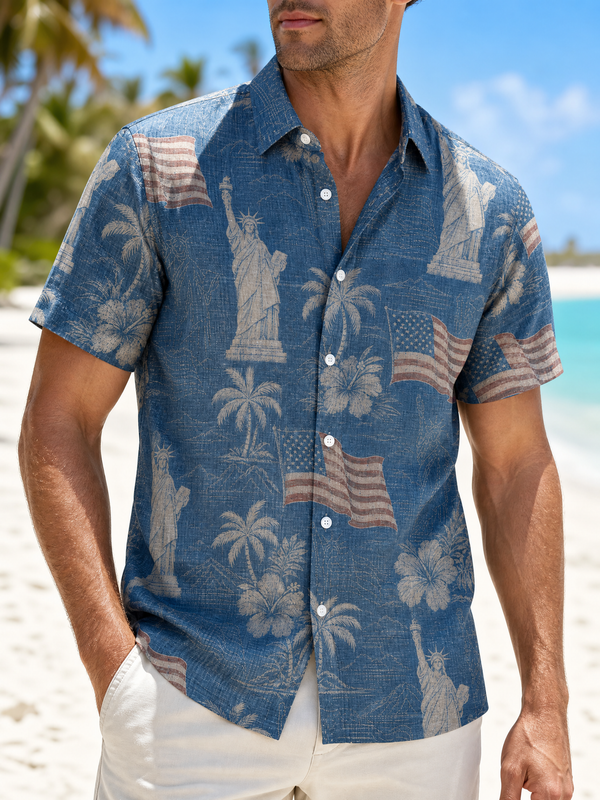 Denim Statue Banner Patriotic Hawaiian Shirt for Men