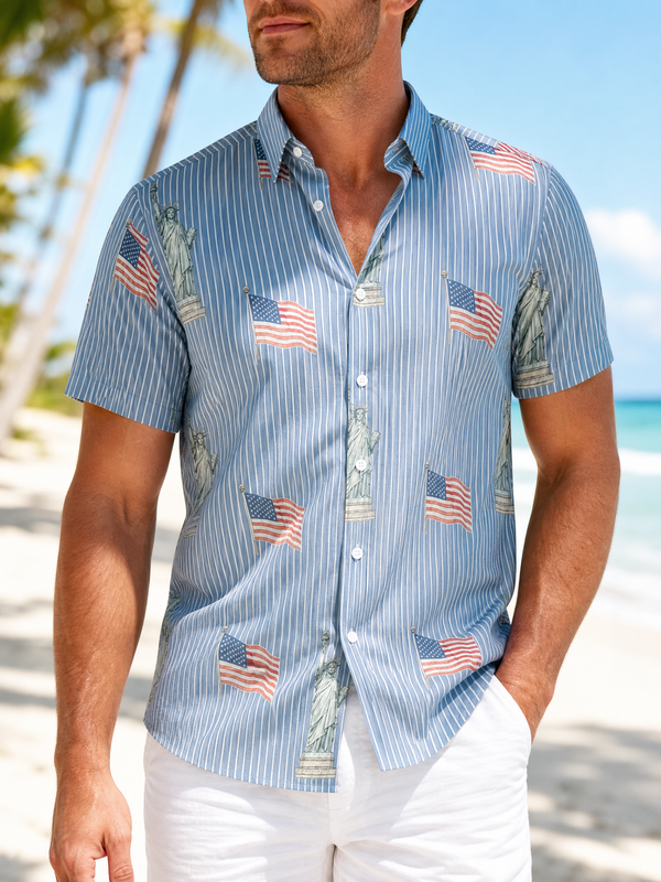 Harbor Flag Statue Patriotic Hawaiian Shirt for Men