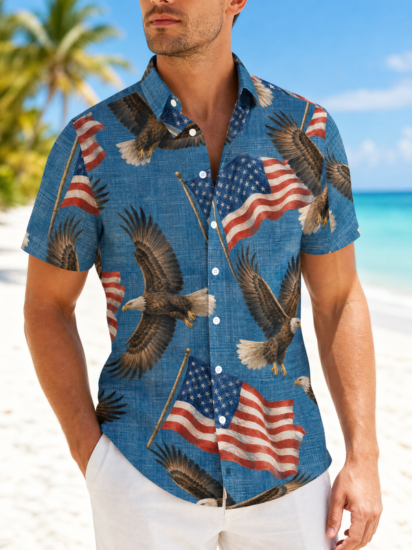 Denim Eagle Banner Patriotic Hawaiian Shirt for Men