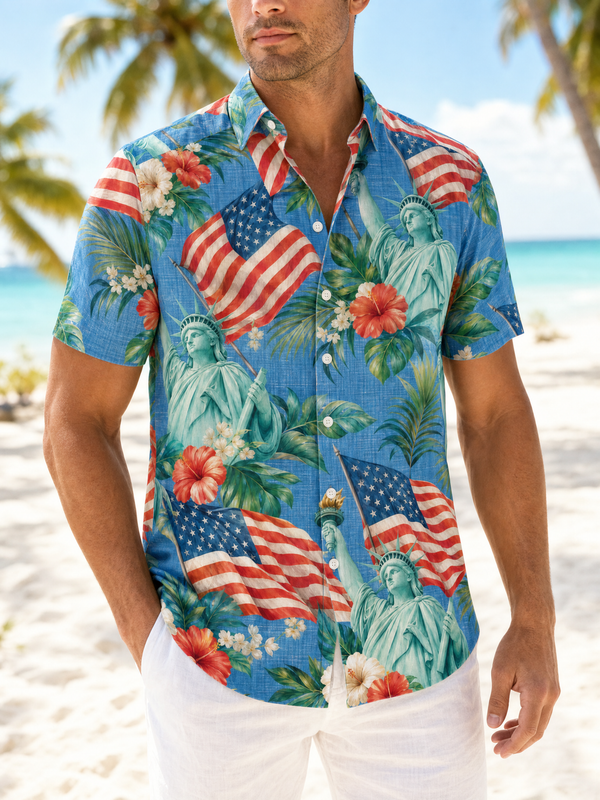 Harbor Statue Banner Patriotic Hawaiian Shirt for Men