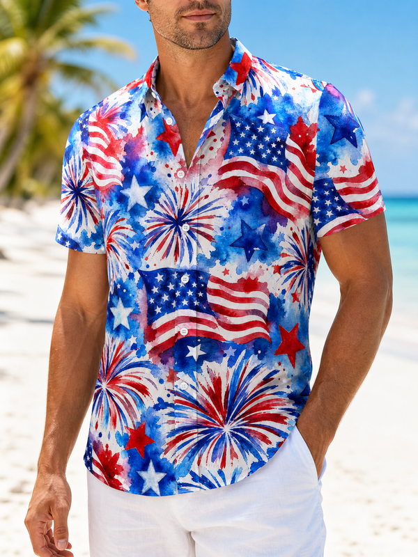 Firework Flag Burst Patriotic Hawaiian Shirt for Men