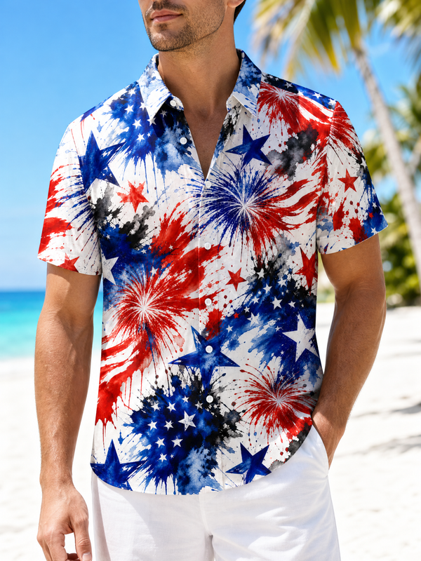 Firework Star Banner Patriotic Hawaiian Shirt for Men