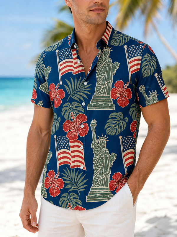 Harbor Statue Banner Patriotic Hawaiian Shirt for Men