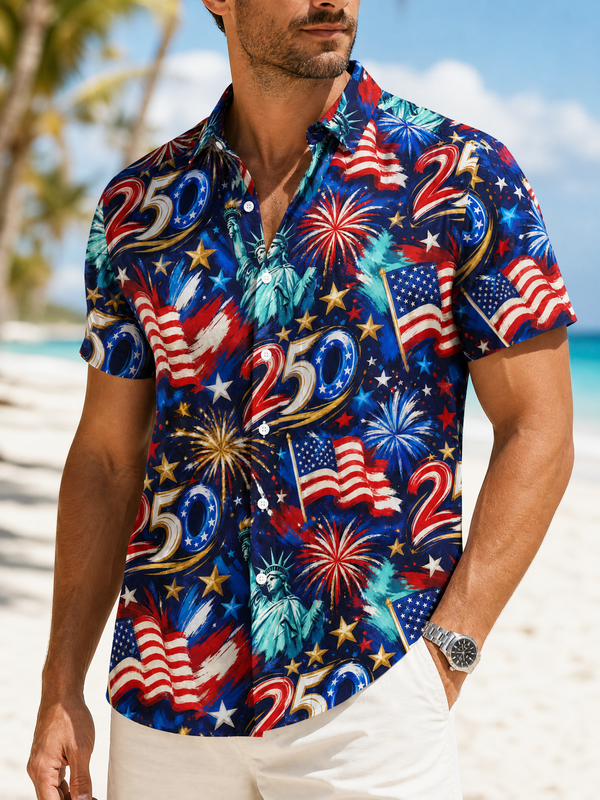 Firework Banner Stars Patriotic Hawaiian Shirt for Men