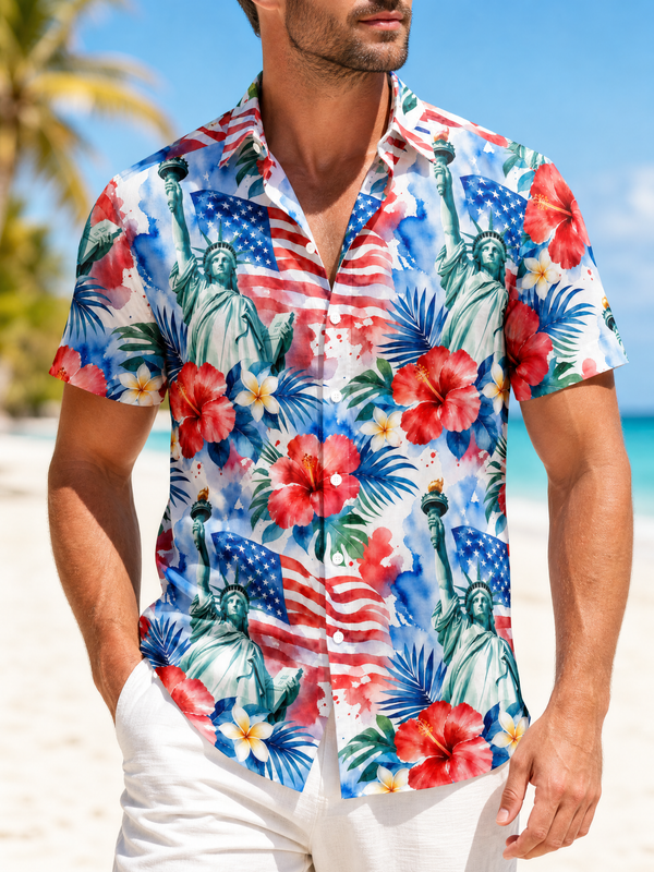 Torch Flag Hibiscus Patriotic Hawaiian Shirt for Men