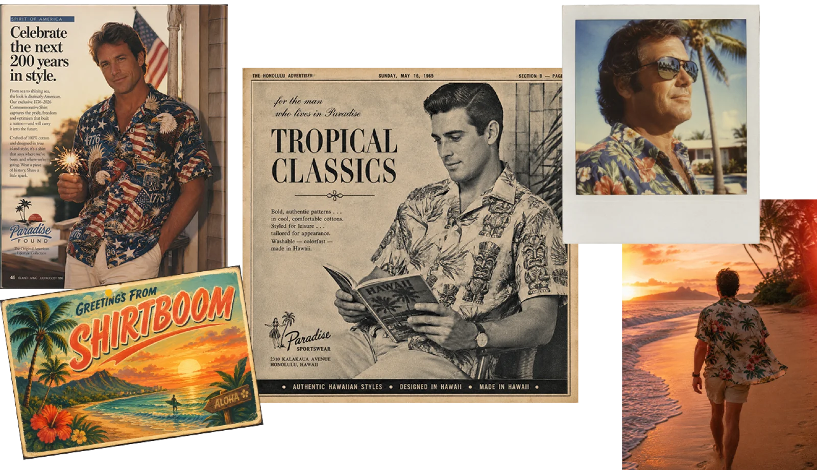 Vintage Hawaiian shirt collage — magazine ad, press clipping, Polaroid, postcard, and beach scene